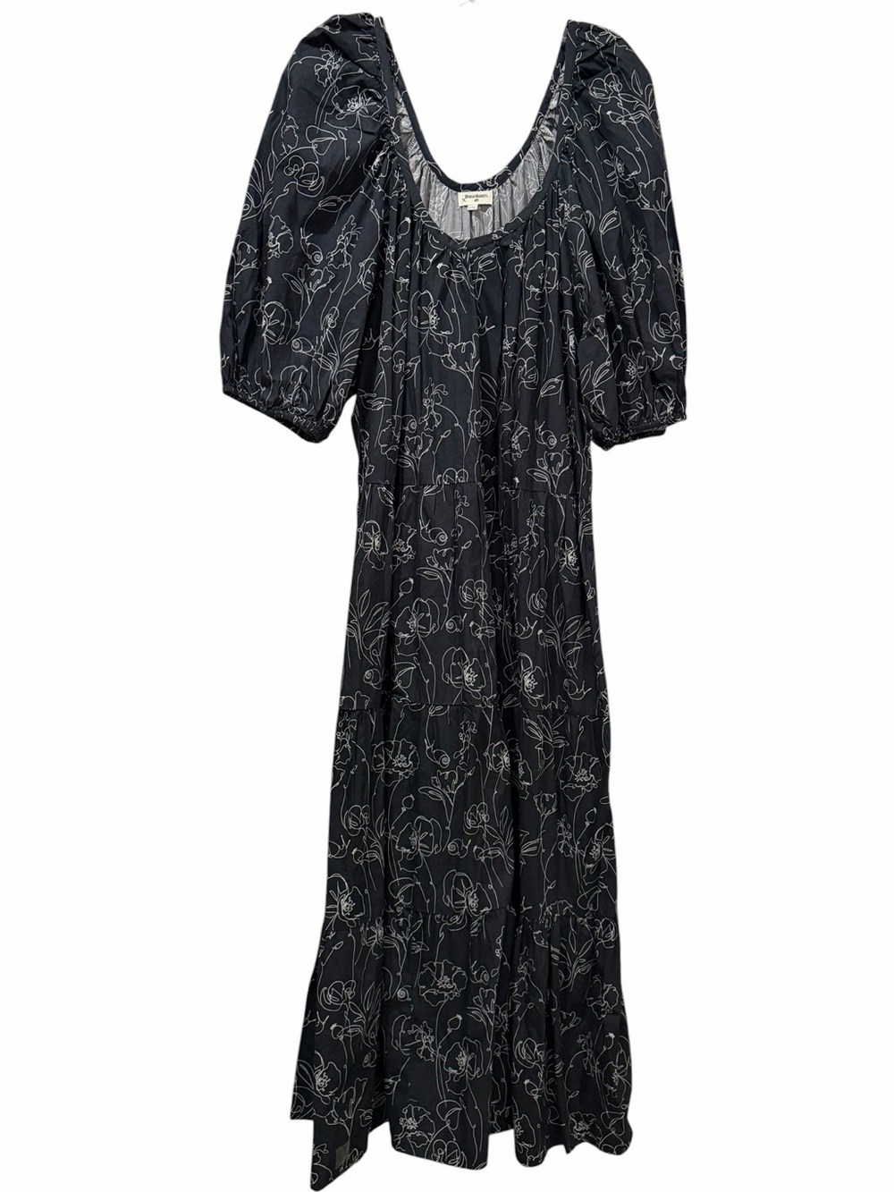 World Market L/XL Black Floral Puff Sleeve Maxi Cotton Dress B4